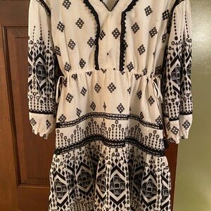 Anthropologie Black and Cream Embroidered Tiered Midi Dress